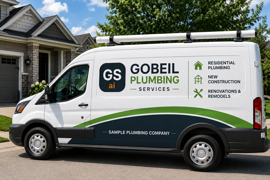 Plumbing van showing residential plumbing, new construction, and renovations services