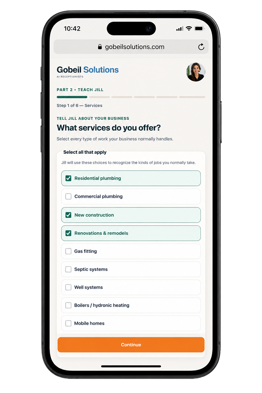 Jill setup screen with the same plumbing services selected