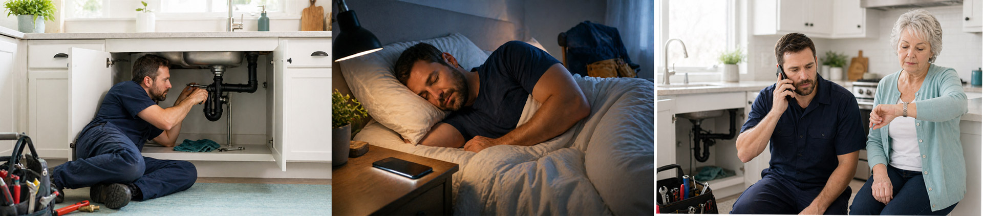 Plumber working, asleep, and taking a call while a customer waits